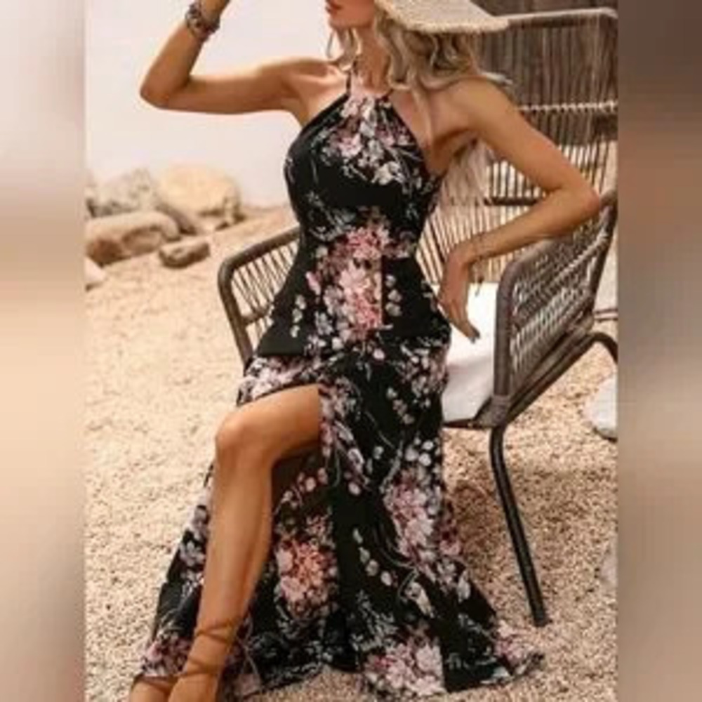 New Boho Floral Tie Halter Long Split Dress Black Pink